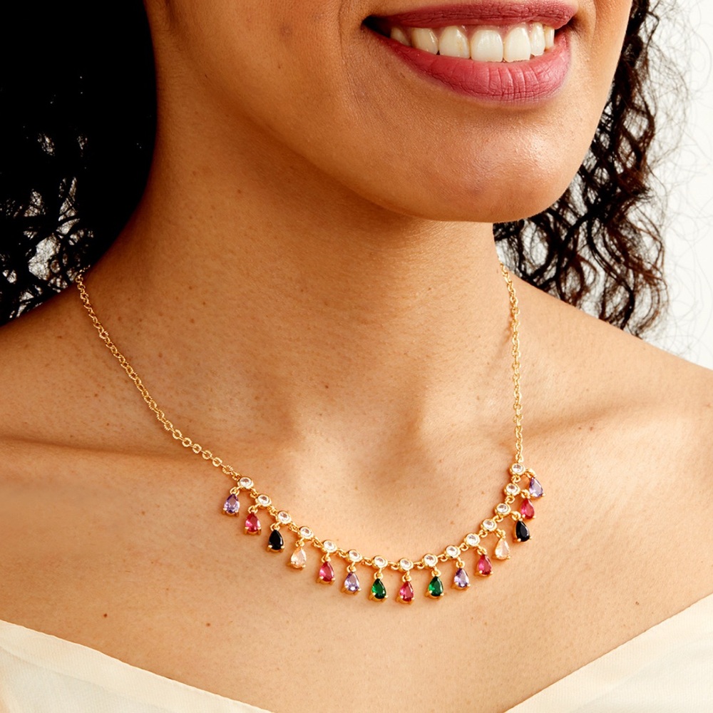 Multicolor CZ Water Drop Necklace – 18K Gold Plated Dainty Fringe Statement